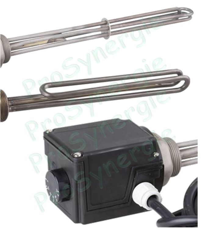 Thermoplongeur inox AISI 316L ou Incoloy-800 (résistance électrique d´appoint) 2 à 30KW Mono ou Triphasé (230 ou 400V) avec thermostat (réglage et sécurité)