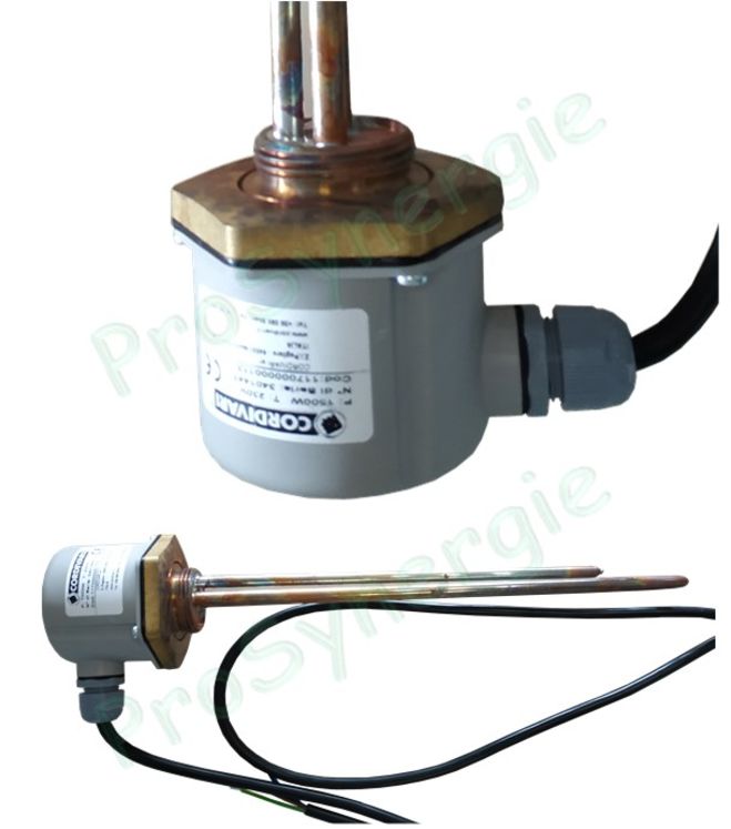 Résistance électrique 230V (thermostat + sécurité sous capot) IP65 1500W Longueur 340mm pour ballon d´eau chaude ou bouteille - Raccordement ØM 1´´1/4