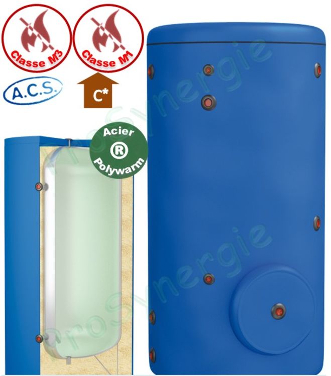 Ballon stockage ECS 1500 litres (trou d´homme, jaquette amovible) acier revêtement ACS Polywarm (Isolé M1 ép. 100mm) classe ERP C - ØxH=1260x2228mm