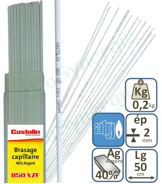Brasure CASTOLIN 40% Argent Gaz ATG autodécapante du cuivre 850XZF - Soudure frigo - 200 gr - Ø 2 mm - Lg 50 cm