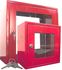 Coffret sous verre dormant acier laqué rouge (HxLxP= 300x300x200mm), porte avec vitre brisable et remplacable en plexiglass + barillet serrure H520 avec clefs