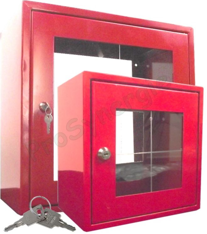 Coffret sous verre dormant acier laqué rouge (HxLxP= 250x250x150mm), porte avec vitre brisable et remplacable en plexiglass + barillet serrure H520 avec clefs