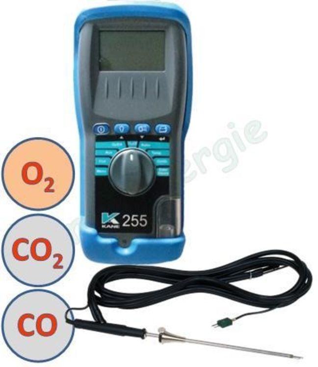 Kane KANE255/Cu250 - Analyseur de combustion  (CO2 + CO) + sonde + chargeur. Cellules 5 ans