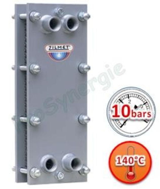 Echangeur Z2 10bars 0,374m² 11 plaques Inox démontables joint EPDM 140°C 15.3m3/h 4 x G 1´´F (HxLxP) 480x180x58,1mm - 19,27Kg