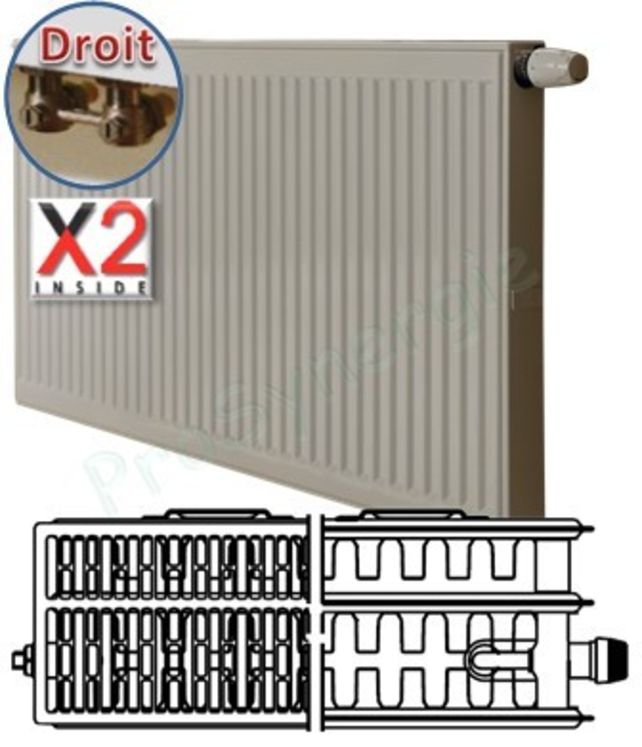 Radiateur Profilé Horizontal à Vanne intégrée Type 33 - Raccordement Droit - Therm X2 - H x L = 300 x  600 mm Puissance  829 W