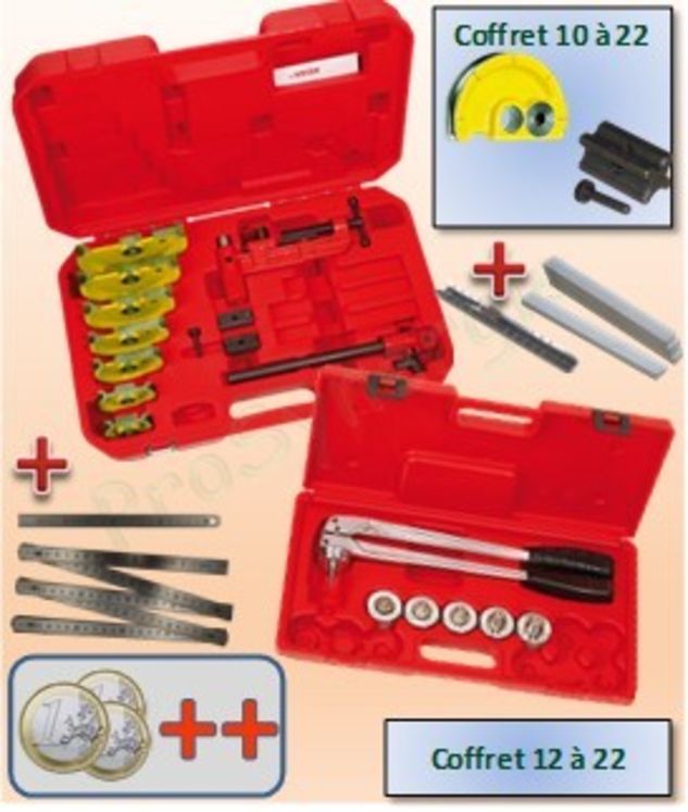 Lot ''Précision'' 2 : Cintreuse d´établi formes Standard (réf 250285) + Pince à emboîture (réf 252641) + Mètre pliant 10 branches Virax Duralium + Règlette 20cm Métal + 5 craies de Briançon et un por