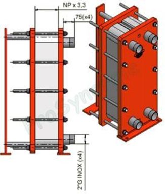 Echangeur Z3 16bars 6,11m² 47 plaques Inox démontables joint EPDM 140°C 39m3/h 4 x Inox G 2´´M (HxLxP) 780x340x215,1mm - 157,6Kg