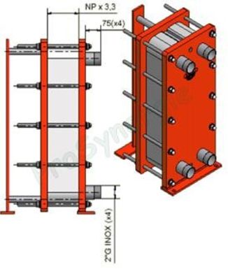 Echangeur Z3 10bars 4,81m² 37 plaques Inox démontables joint EPDM 140°C 39m3/h 4 x Inox G 2´´M (HxLxP) 780x340x172,1mm - 129,6Kg