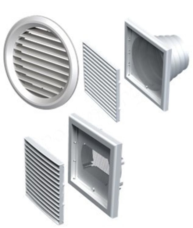 Grille de ventilation plastique GPA carrée 186 x 186mm à ailettes fixes - Fût Ø 100, 110, 120, 130 et 150mm