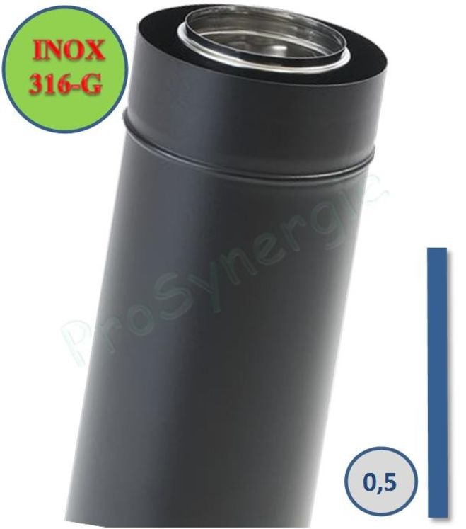 Tuyau concentrique BIOTEN poêle granulé (pellet) Øint./ext. 80/125 mm Inox 316 / Galva peint noir (RAL 9005) longueur 500mmm (45cm utile)