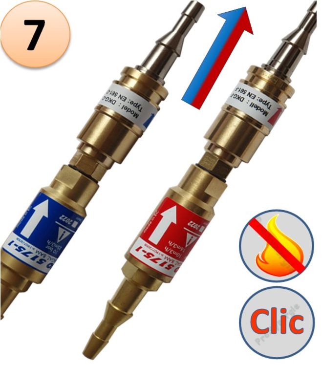 Raccord anti-retour pare flamme SafeGuard 2 + Raccord rapide Stoptac - Montage Tuyau - Oxygène ou gaz combustible - Entrée Tuyau 6-10 - Sortie Tuyau 6-10