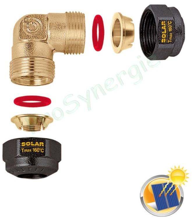 Coude avec joints pour tube cuivre recuit ou écroui, laiton, acier doux et inox Ø 22 mm pour installation solaire