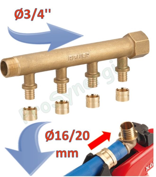 Collecteur ØMF 3/4´´ - Départs entraxe 50mm PER à sertir glissement Ø 16 ou 12