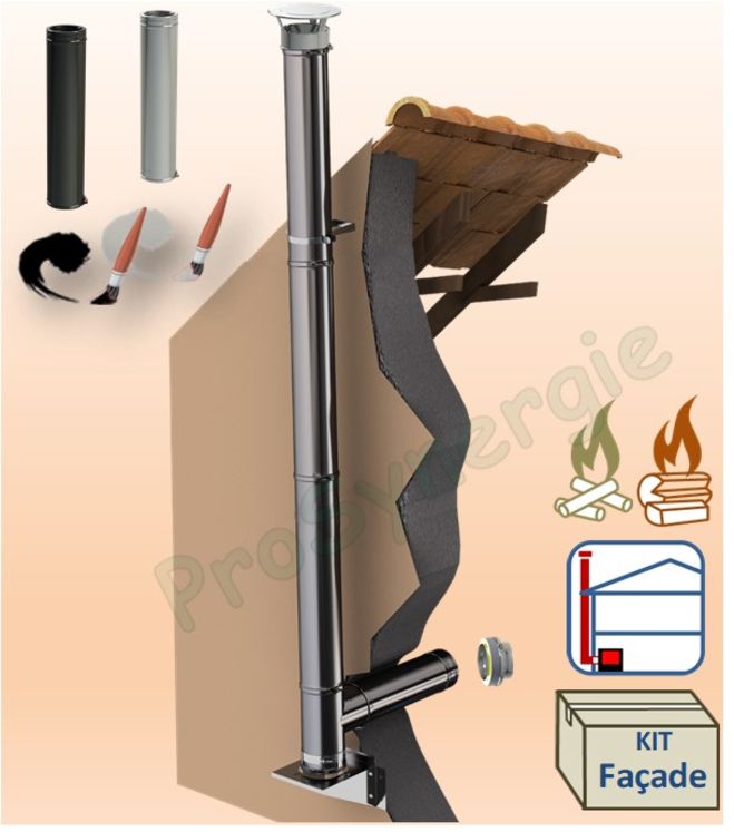 Kit Façade conduit cheminée extérieur Duoten (Isolé 25 mm), Ø 80 à 250 mm, Noir ou Inox, Raccordement simple (bois ou pellet) ou concentrique (pellet)