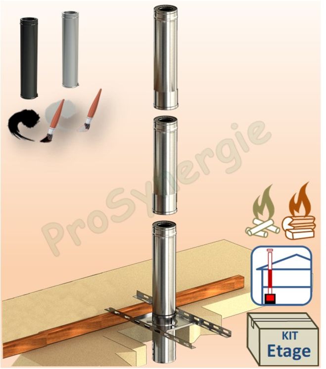 Kit Etage conduit cheminée intérieur Duoten (Isolé 25 mm), Ø 80 à 250 mm, Noir ou Inox, Hauteur utile 285 cm