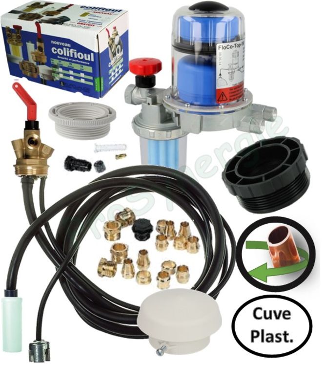 Kit Colifioul monotube pour cuve (ensemble vanne police soutirage à flotteur, filtre purgeur à recyclage FloCo-TOP-1K et accessoires raccords + ventilation)