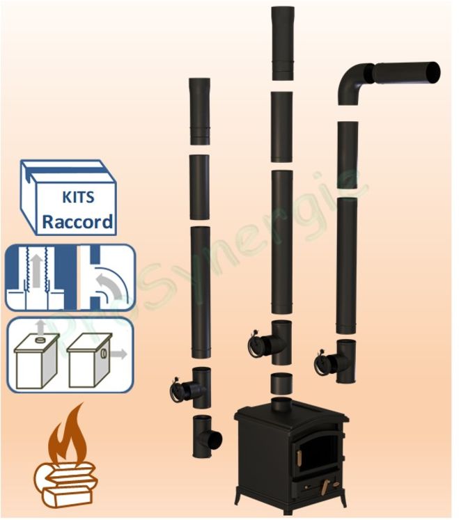 Kit raccordement Email Noir Mat dessus ou arrière de poêle sur conduit existant plafond ou mur