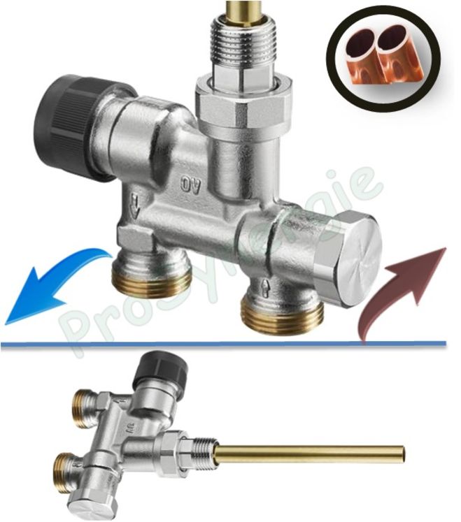 Robinet thermostatisable (bitube) à plongeur vertical avec arrêt - Ø M 1/2´´ (DN 15) - eurocône M 3/4´´