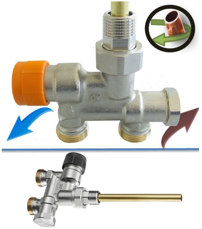 Robinet thermostatisable (monotube) à plongeur vertical avec arrêt - Ø M 1/2´´ (DN 15) - eurocône M 3/4´´