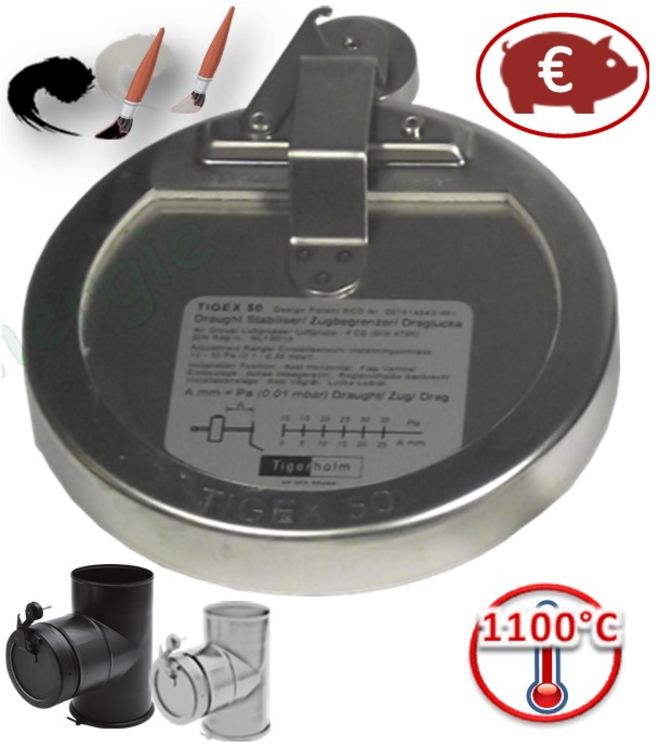 Régulateur Tirage 10 à 35Pa étanche Émail noir ou Inox - Tigex 100, 150 & 180 - jusqu´au Ø280mm haut. 15m et 250kw 1100°C