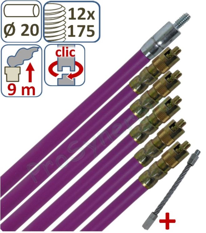 Kit Mauve Automatique (contient 6 CanneAutos de ramonage mauve à Mémoire Ø 20 de longueur 1,5m dont 1 porteuse + câble de départ)