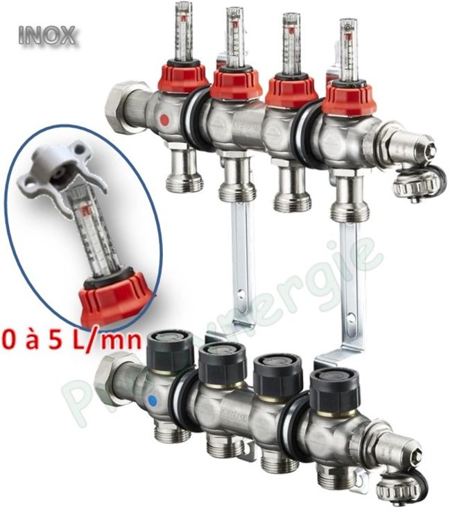 Ensemble de 2 Collecteurs Inox (départ + retour), débit litre, vidange, purge Ø F (écrou) 1´´ 0-5 l/mn - 4 circuits