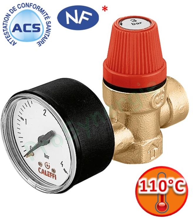 Soupape laiton NF ACS 3 bars 110°C sûreté chauffage (P < 100 KW) avec mano - F Ø 1/2''