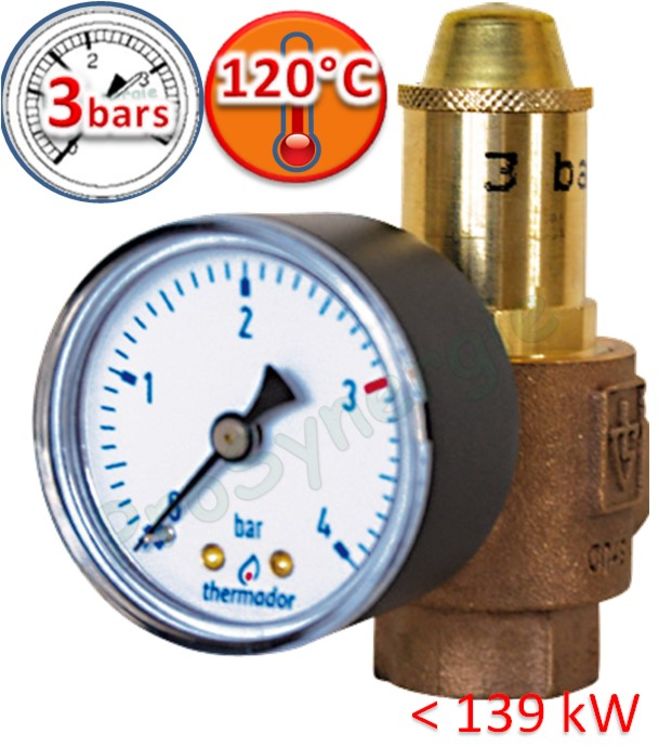 Soupape corps bronze 3 bars 120°C sûreté chauffage (P < 139 KW) avec mano - F Ø 1/2´´