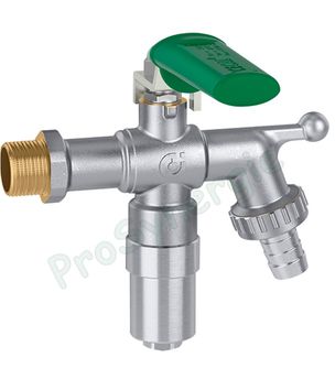 Robinet de puisage jardin IceCal® avec cartouche antigel (On/Off 3/4°C) corps laiton nickelé vanne spérique (tête à manette verte 1/4 tour) - raccord entrée ØM 1/2´´ - sortie 3/4´´ (avec raccord au nez tétine Ø 17mm)
