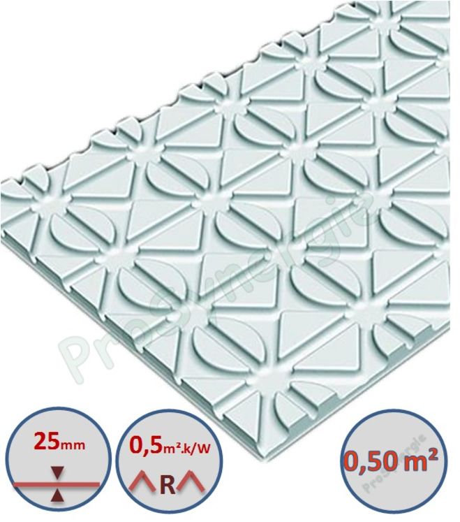 Panneau isolant plancher sans chape 1 x 0,5m (0,5 m²) polystyrène expansé R=0,50m2.k/W (épaisseur 25mm)