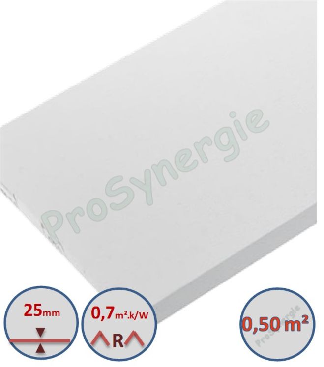 Panneau isolant de compensation plancher sans chape 1 x 0,5m (0,5 m²) polystyrène expansé R=0,70m2.k/W (épaisseur 25mm)