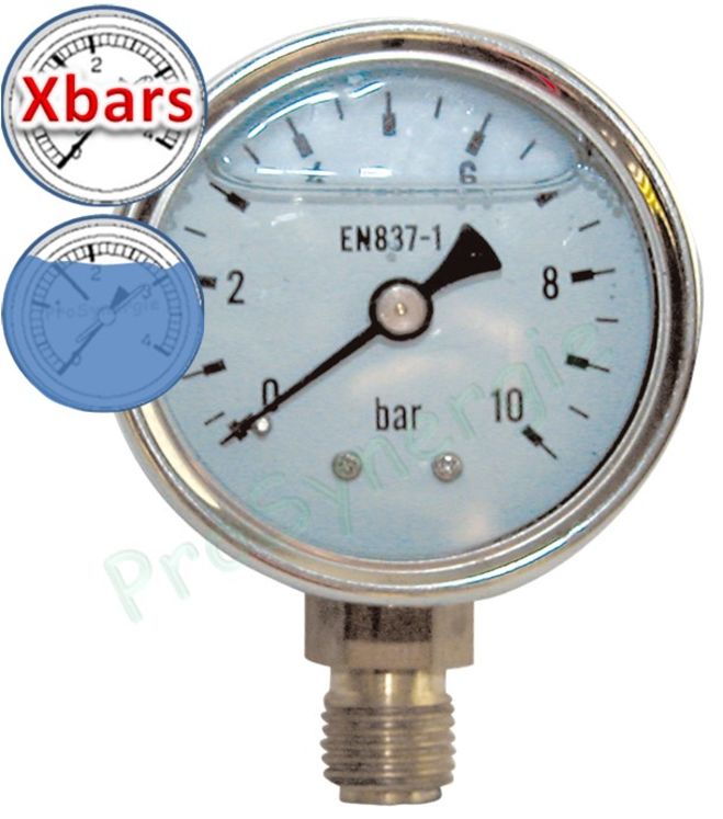 Manomètre à raccordement radial Inox à bain de glycérine Cadran Ø 50 ou 63mm - Raccord M Ø 1/4´´