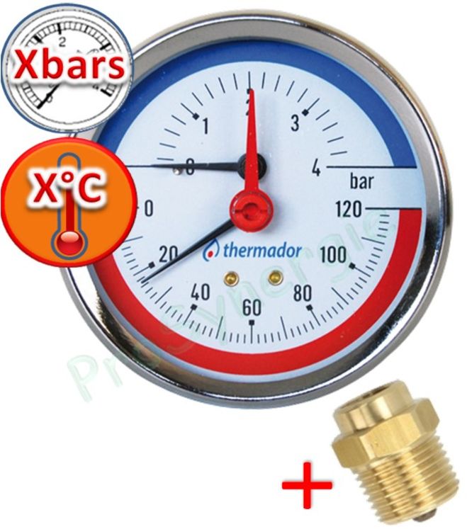 Manothermomètre à raccordement axial avec clapet - Cadran Ø 80mm - Raccord M Ø 1/2´´ - 80 mCE