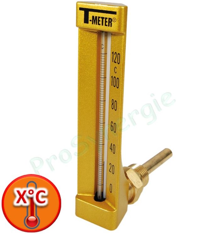 Thermomètre industriel Vertical à corps laiton Plongeur équerre - 1/2´´ - Plage 0 à 120°C - Longueur échelle 150 mm - Longueur plongeur  63 mm