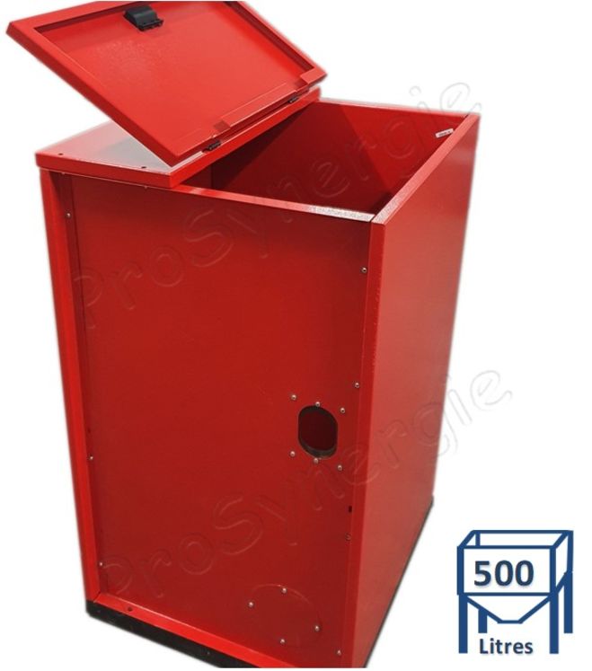 Silo granulés 500 litres (environ 350 Kg) acier galvanisé avec habillage caréné rouge, couvercle de fermeture, trapes de visite et raccordement réversible - HxLxP = 1260x772x730mm