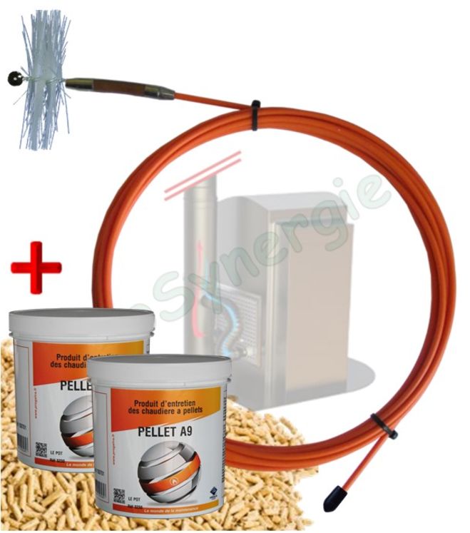 Lot ramonage 8m (flexible + hérisson PVC Ø 80mm réf 1337) + entretien Poêle à pellet (2 pots de Pellet A9 réf 3280)