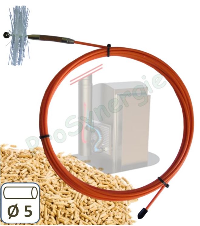 Kit de ramonage conduit pellet (poêles à granulés) jusquà une hauteur de 8 mètres avec fibre Flexible Ø5mm et raccord pour hérisson (M5x80)