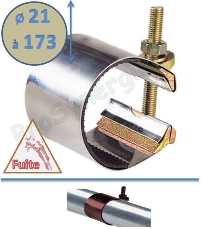 Collier réparation pour tube Øext. 21 à 173mm (Multitube : acier, fonte, PVC, Polyéthylène...) avec joint EPDM serrage 1 tirant