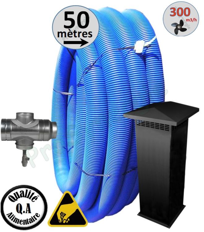 Kit Eco 300 m3/h puits canadien (géothermie puits provençal) prise d´air standard - Echangeur 50 mètres en CR8 + adaptateur de raccordement avec siphon (écoulement des condensats en sous-sol)