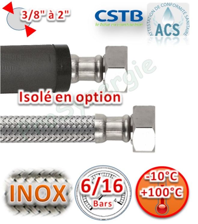 Flexible chauffage EPDM/Inox Femelle Ecrou - Longueur 30 à 150cm - option Isolé 13/19/32mm