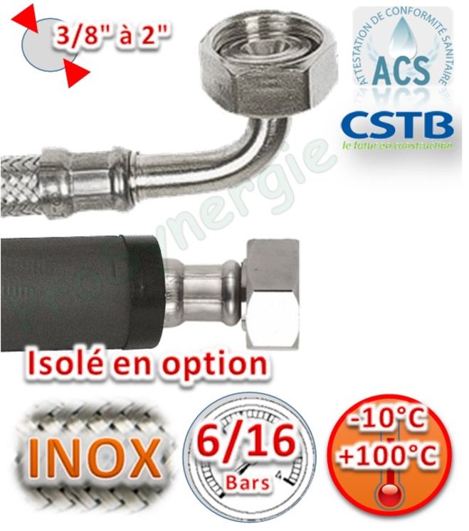 Flexible chauffage EPDM/Inox FF Ecrou Coudé + Droit Ø1/2´´ DN13mm (16 bars) - Longueur  30cm - Isolé Ep. 19mm