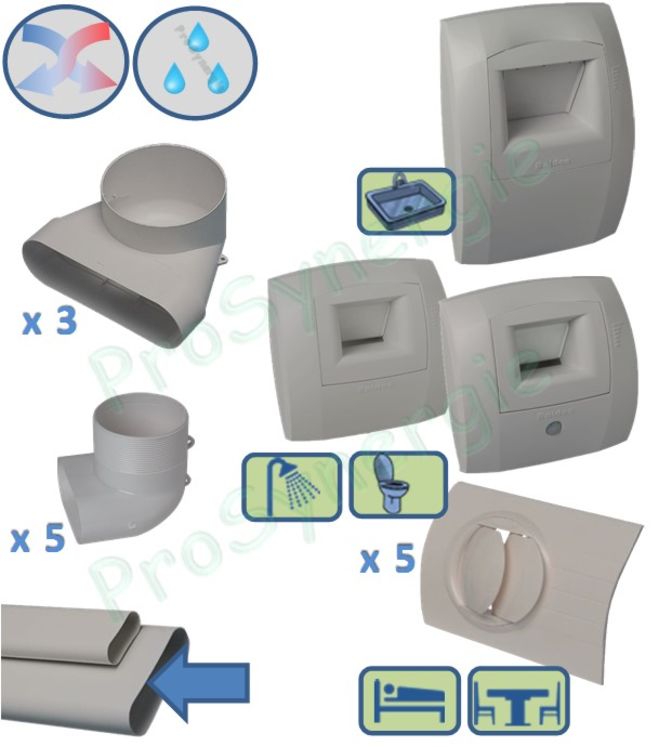 Kit de bouches et accessoires d´extraction hygroréglable et insufflation - T3 / T4 - VMC Double Flux - Réseau oblong rigide Minigaine