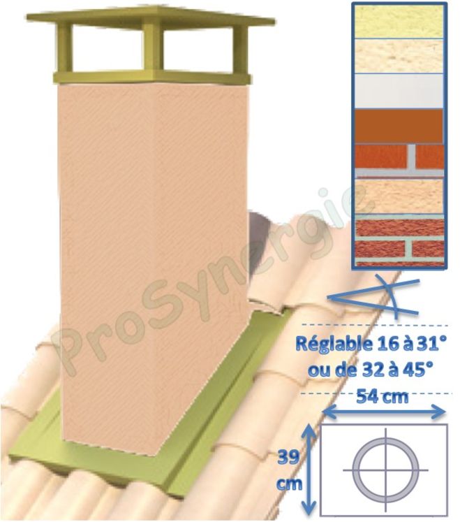 Souche Polyten 45 Finition corps brique Rouge BC47 - Avec coiffe - Pente de toit de 32 à 45°