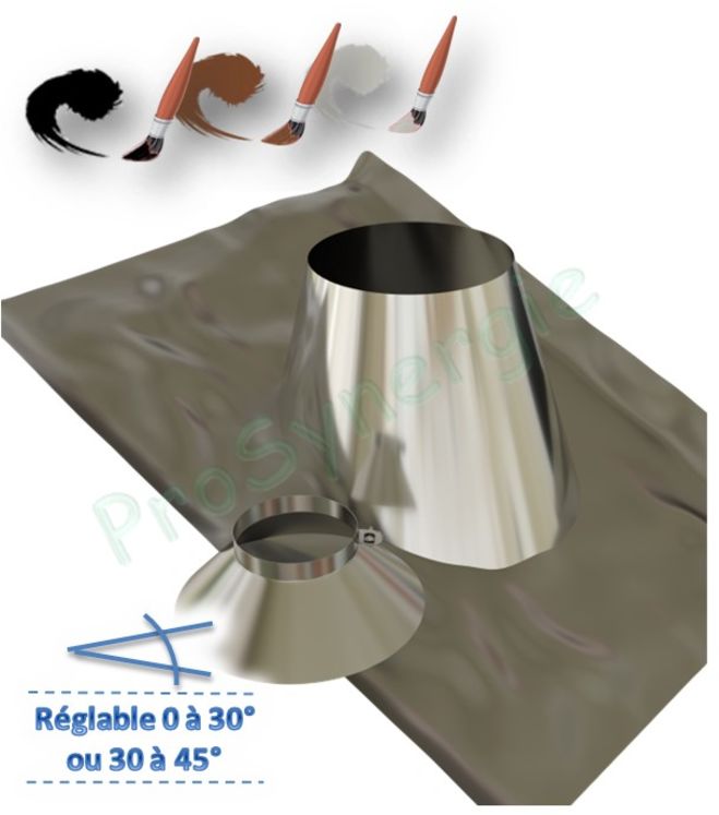 Solin et collet Noir pour conduit de fumée Ø ext 125 mm - Inclinaison de toit 5 à 30° avec bavette plomb