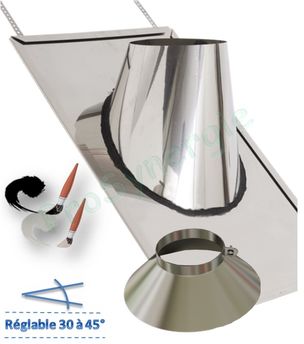 Solin Inox Ardoise et collet pour conduit de fumée Ø ext 180 mm - Inclinaison de toit 30 à 45°