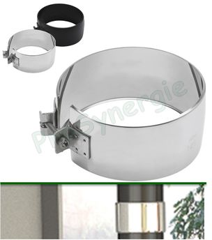 Bague large (65mm) décorative bombée finifion inox ou laqué noire RAL9005 pour masquer l´emboitement du conduit de fumée Ø 125 à 180 mm