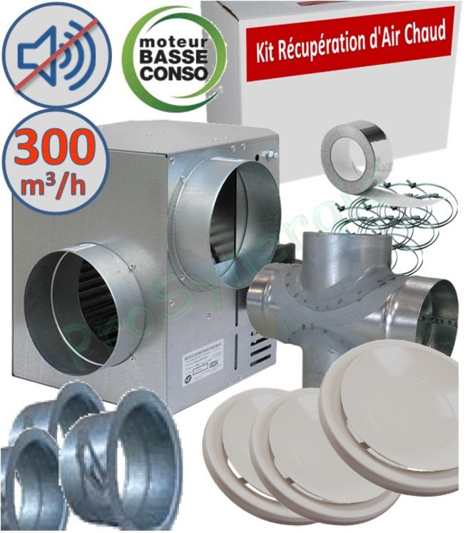 Kit Récupérateur d´Air Chaud Basse conso - 300 m³/h (Moteur + 3 bouches + dérivations et accessoires)