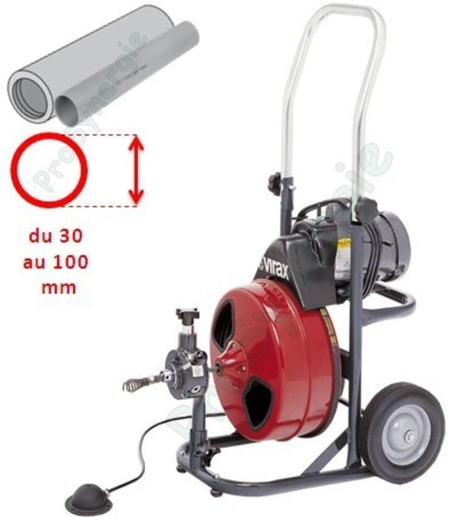 Déboucheur à tambour électrique VAL 80E Virax avec avance-retour auto et chariot - Câble Ø 9,5 mm - Longueur 22,5 m (intervention sur Ø50-75mm)