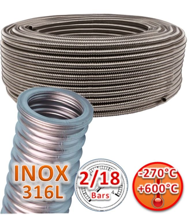 Tube Flexible Inox 316L annelé (Raccordement Solaire Chauffage Sanitaire) 2 à 18 bars - Øint. 12 à 50mm