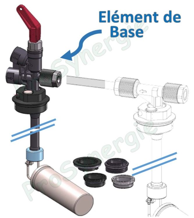Ensemble base (accouplement/batterie) d'aspiration fioul EUROFLEX, clapet, vanne police, plongeur 2m avec flotteur + adaptateurs G2", M60x4, S75x6, Bride Ø68mm